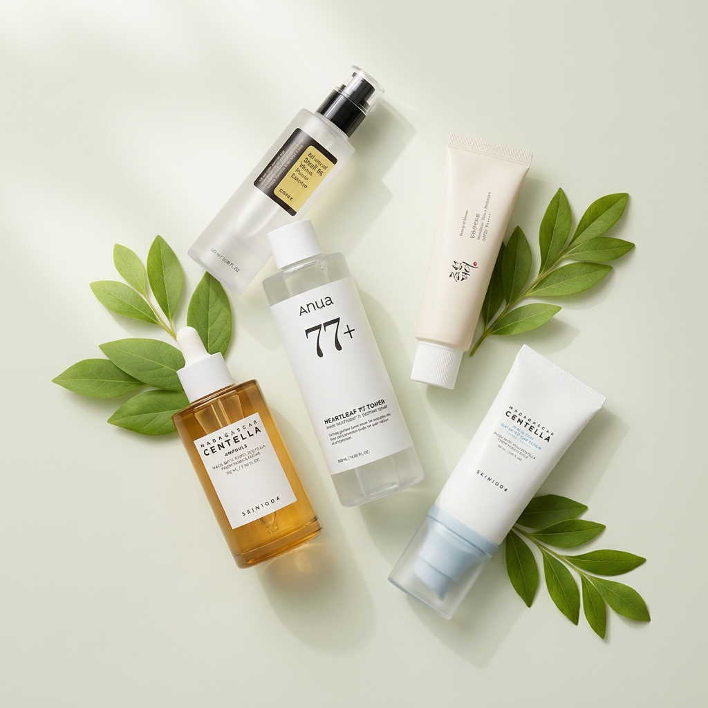 Productos coreanos de skincare en composición minimalista